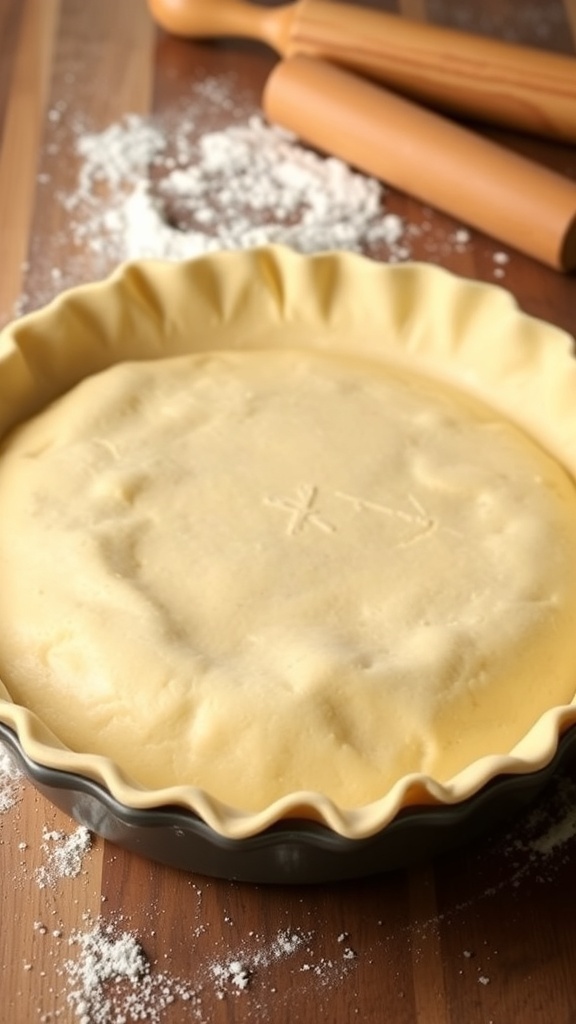 A golden brown 9x13 pie crust in a baking dish, ready for filling, on a rustic kitchen countertop.